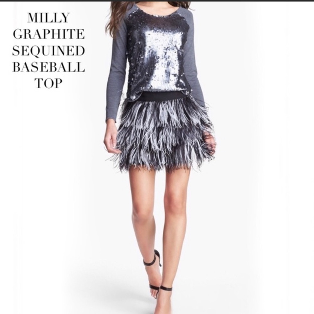 Milly Sequin Front Baseball Style Merino Wool Top - Small